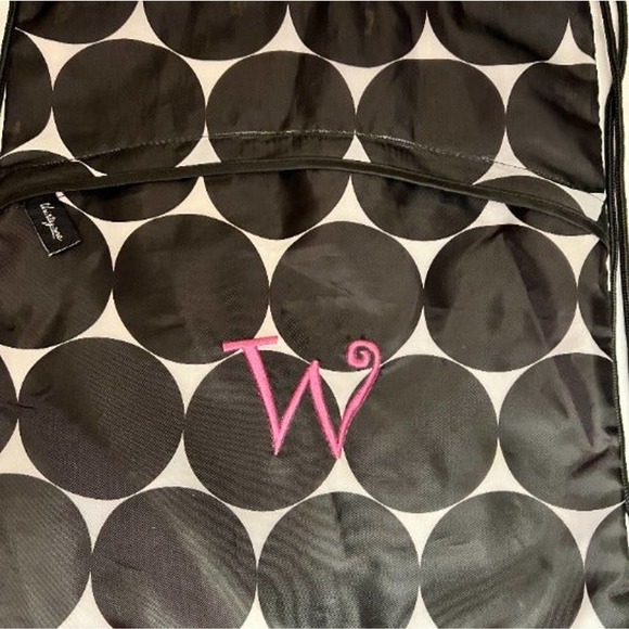 Thirty-One Cinch Sac Zipper Black‎ Dots with Pink 'W' 18 1/2" Long x 14" Wide - Picture 1 of 6